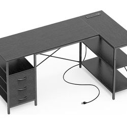 Reversible L-Shaped Office Desk with Outlets, Drawers, Shelves - NEW