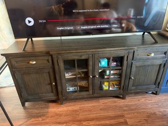 Dark Wood TV Stand with Glass Doors (please make an offer)