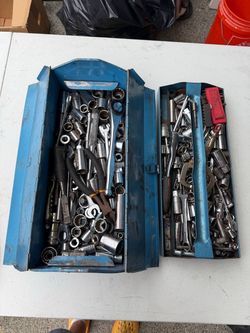 Vintage Blue Metal Toolboxes with Assorted Hand Tools