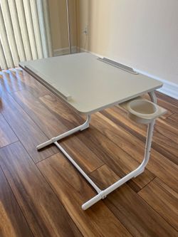 Folding TV Tray Adjustable Dinner Trays for Eating On Couch Wooden Tables Mate Stand Foldable White Desk with Cup Holder Portable