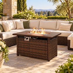 New Brown 44 in. 50,000 BTU Rectangular Wicker Propane Gas Fire Pit Table with Lava Rock  New in box G25008YE03A-YM  Ignite a passion for outdoor livi