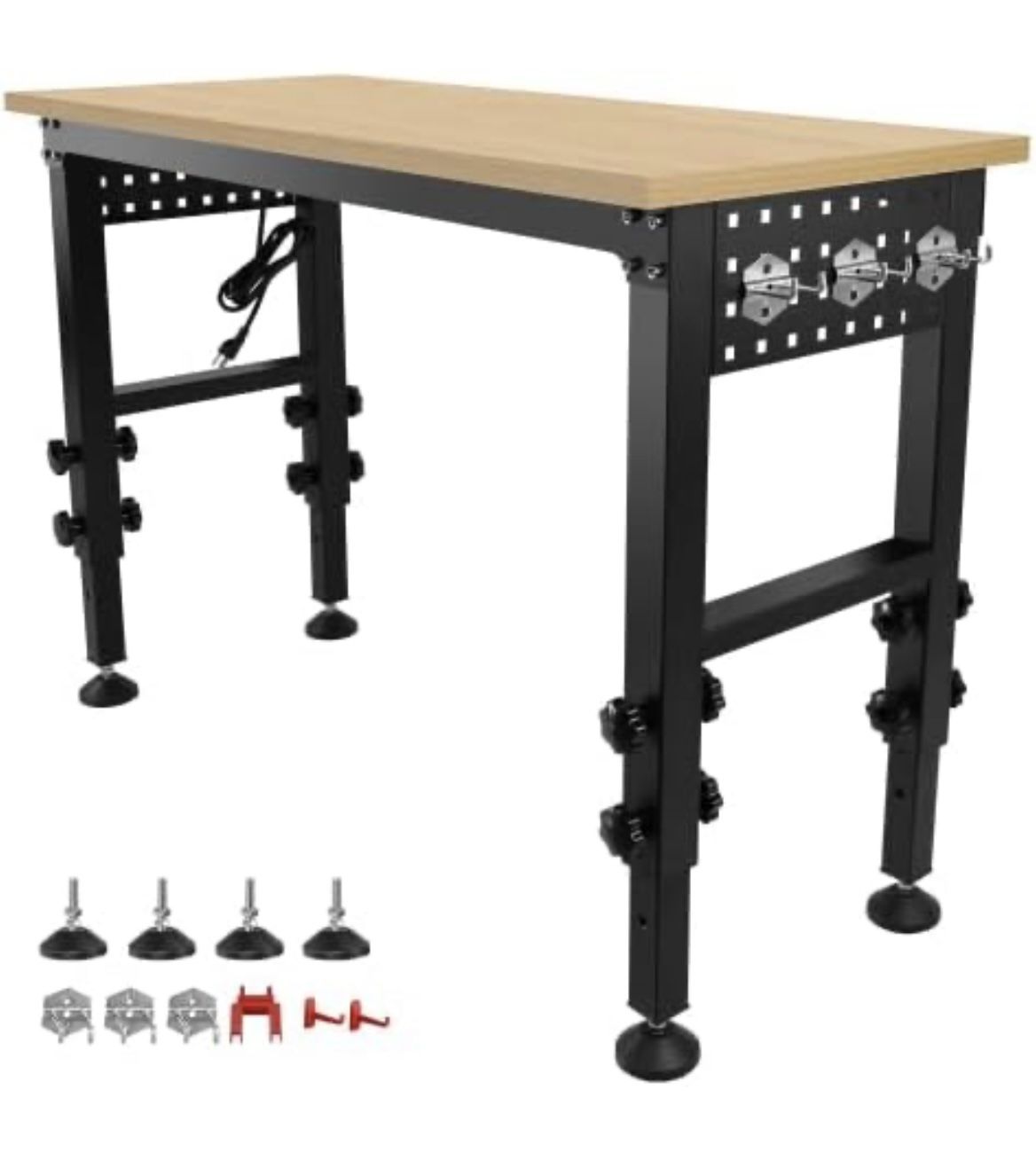 Assembled 48" Height Adjustable Workbench - Heavy Duty 2000 Lbs Capacity Hardwood Work Bench Worktable with Power Outlet & Foot Pads | Work Be