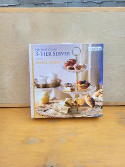 Vintage Glass 3 Tier Server With Metal Stand