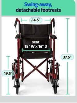 Medline Lightweight Foldable Transport Wheelchair with Handbrakes and 12-Inch Wheels, Red Frame, Black Upholstery