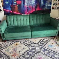 Green Velvet Futon Sofa Bed – Modern Tufted Couch
