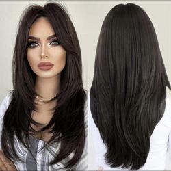 Human hair blend dark  brown layered wig.