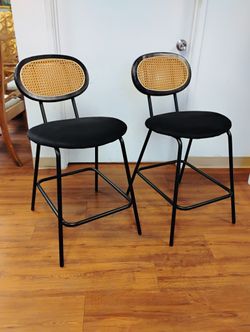 Cane Back, Velvet Seat Counter Height Bar Stools, Set Of 2 