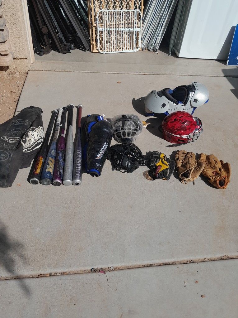 Used Baseball And Football Equipment Bats Pads Guards Gloves Helmet $8-$14 Each See All Photos