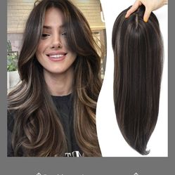 Synthetic Hair Topper With Bangs 18 Inch Layered Toppers For Women With Thinning Hair 5.5" X 5" Hand Tied Forehead Hairline 360° 3D Cover Wispy Synthe