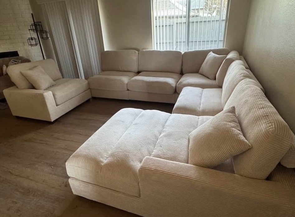 6PC Modular sectional sofa set Beige corduroy fabric
