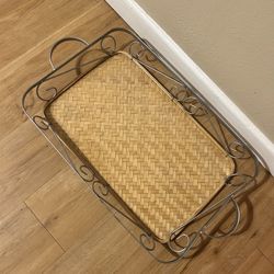 Large Vintage Woven Bamboo Serving Tray with Metal Scrollwork Frame