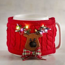 REINDEER Christmas Red Sweater LED Light Up Porcelain coffee hot cocoa mug