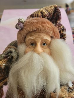 Old World Santa Clause Figurine In Plaid Coat With Fur Trim Carrying Lantern and Sack 13" Tall Xmas C