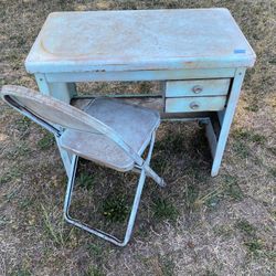 Vintage Metal Child’s Desk And Folding Chair  