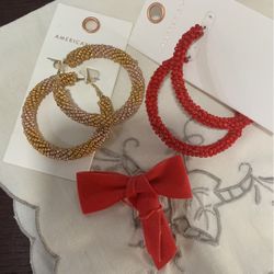 2 Pairs Red And Gold Earrings 