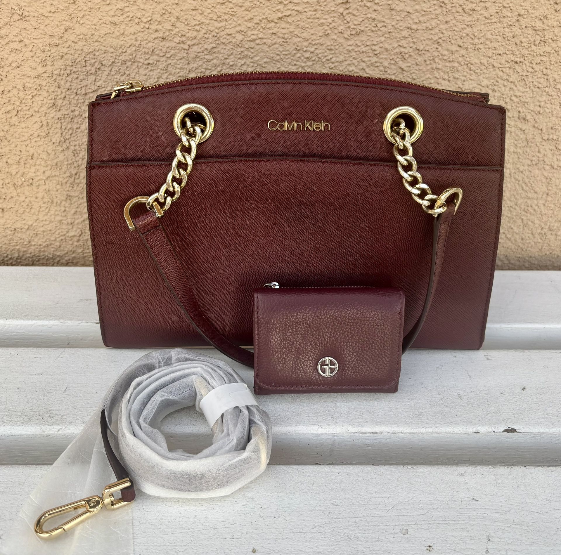 Calvin Klein Burgundy Double Handles + Strap Leather Handbag & Matching Wallet