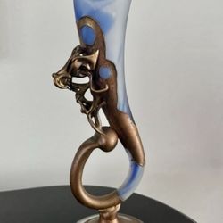 Vintage Romanian Blue Satin Art Glass Horn-Shaped Vase With Satin Base & Abstract Bronze Overlay In The Style Of Vasile Tubi Vadan, 16.5" H Stunning h