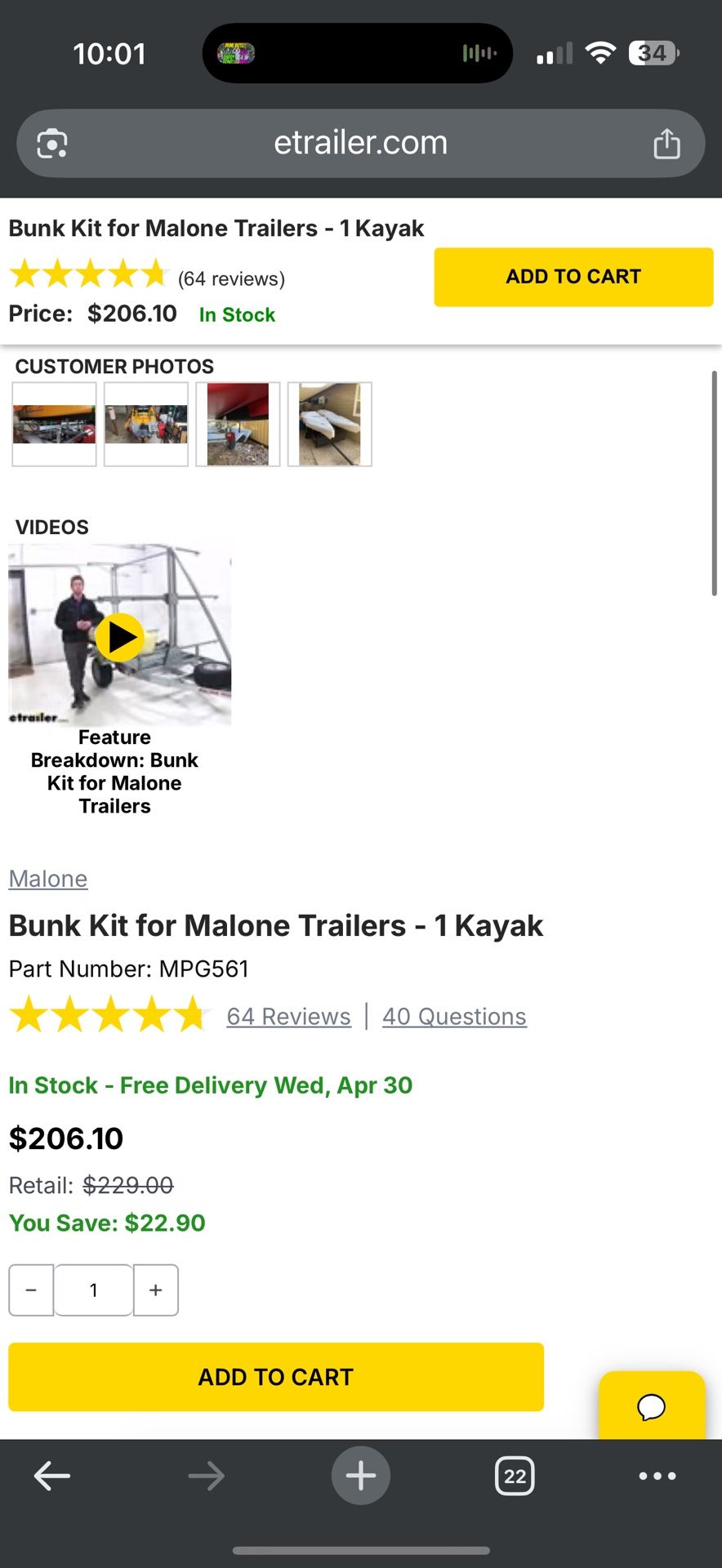 Bunk Kit For Malone Trailer For Kayak Or Small Boat