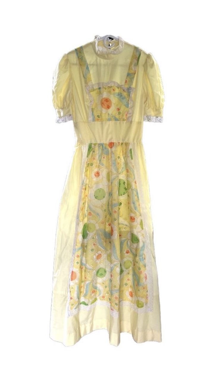 Vtg XS Yellow Floral Lace 70’s Hand Made Maxi Dress