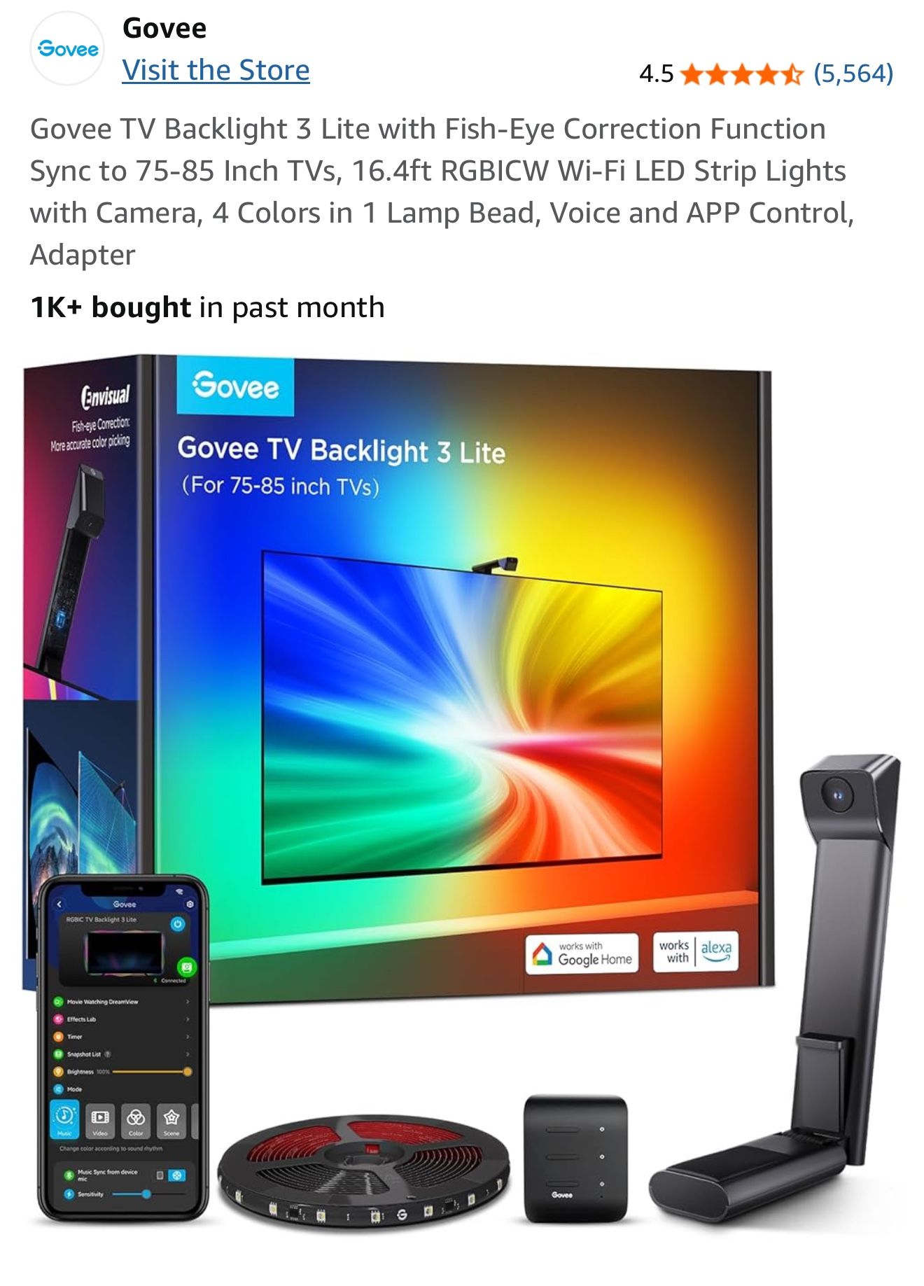 Govee TV Backlight 3 Lite with Fish-Eye Correction Function Sync to 75-85 Inch TVs, 16.4ft RGBICW Wi-Fi LED Strip Lights with Camera, 4 Colors in 1 La