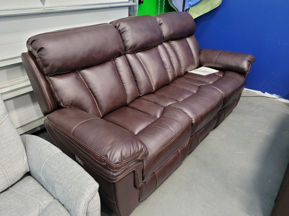 🩵 Top Grain Leather Power Reclining Sofa With Powered Head Tilt - Brand New - Last One - Special Offer Up Price