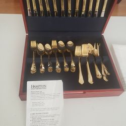 65 Pieces Hampton Force Ltd Gold Plated Stainless Silverware 