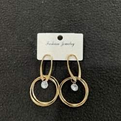 Solid Gold Round Hoop Earrings With Crystal Drop