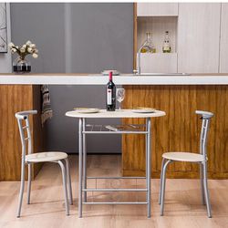 3 Piece Dining Set Compact 2 Chairs and Table Set with Metal Frame and Shelf Storage Bistro Pub Breakfast Space Saving