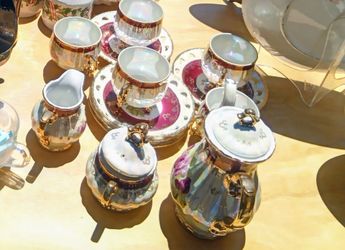 Vintage perlized forcelain tea set with gold trim and floral decals