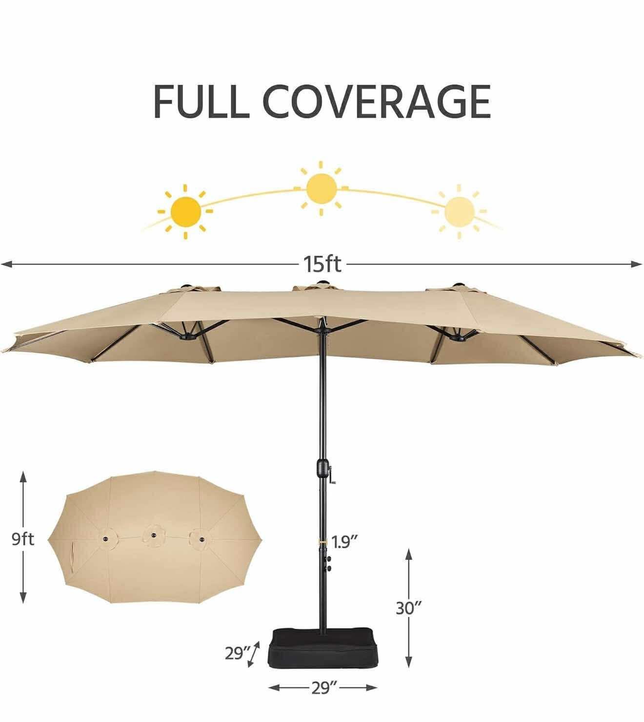 15 ft Triple-size Patio Umbrella w/Base Included - w/Easy Crank ,Tan Q-15