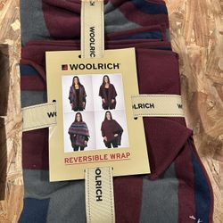 New Elegant Woolrich Wrap with Reversible Design; Features Rich Burgundy and Deep Gray; Ideal for Versatile Wear; One Size Fits All