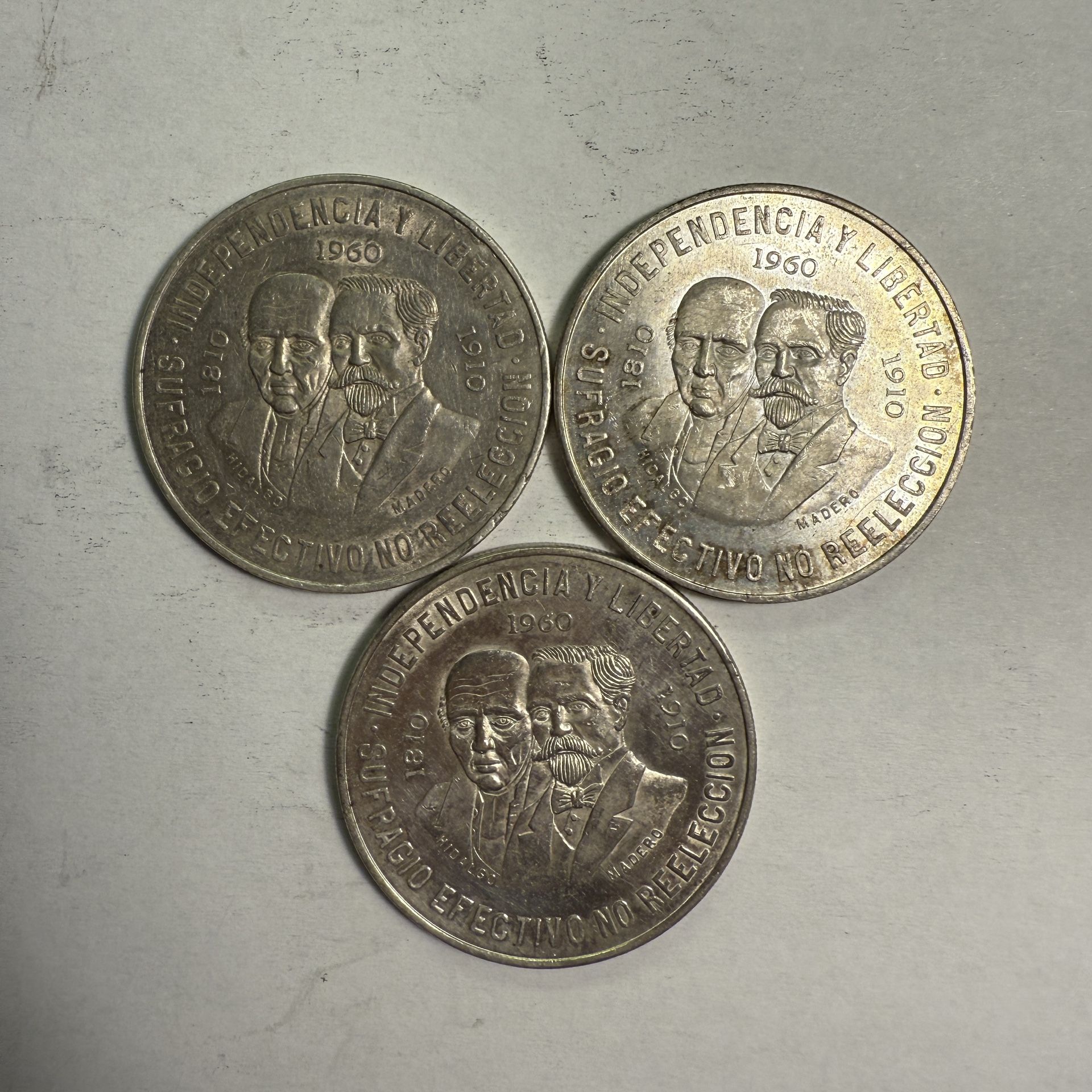 Lot Of 3 “Dos Caritas” 1960 Mexican 10 Pesos Coins .900 Fine Silver