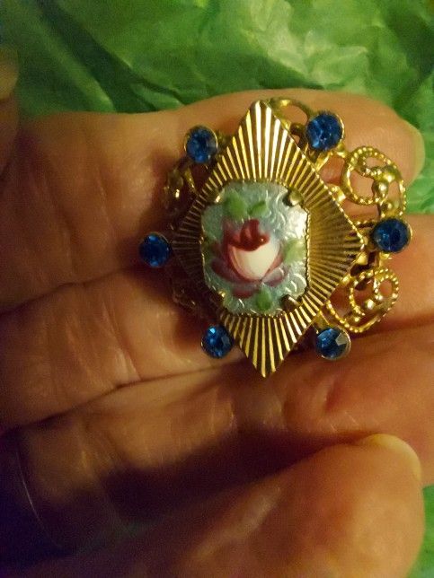 Vintage Handpainted Pin/Brooch With Blue Crystals.  