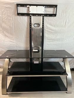 Black glass tv stand with shelves storage organizer