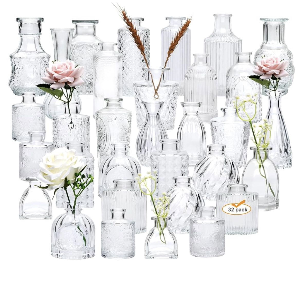 Set of 41 Clear Glass Bud Vases - Assorted Shapes - Great For Weddings / Events