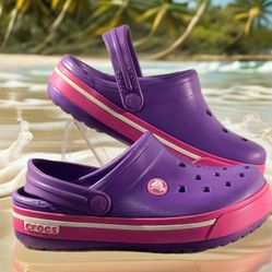 Croc Classic Girls Purple Pink Clog Shoe Sz 1 Rubber Herl Strap Very Clean EUC