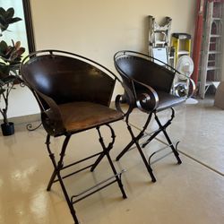 Leather and Forged Iron Counter Stools