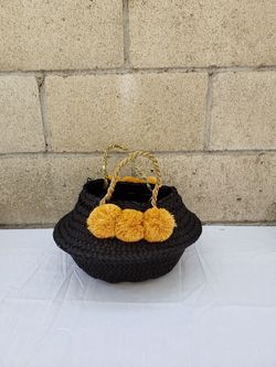 Bamboo / Rattan Basket - Small Black with Orange Pompom