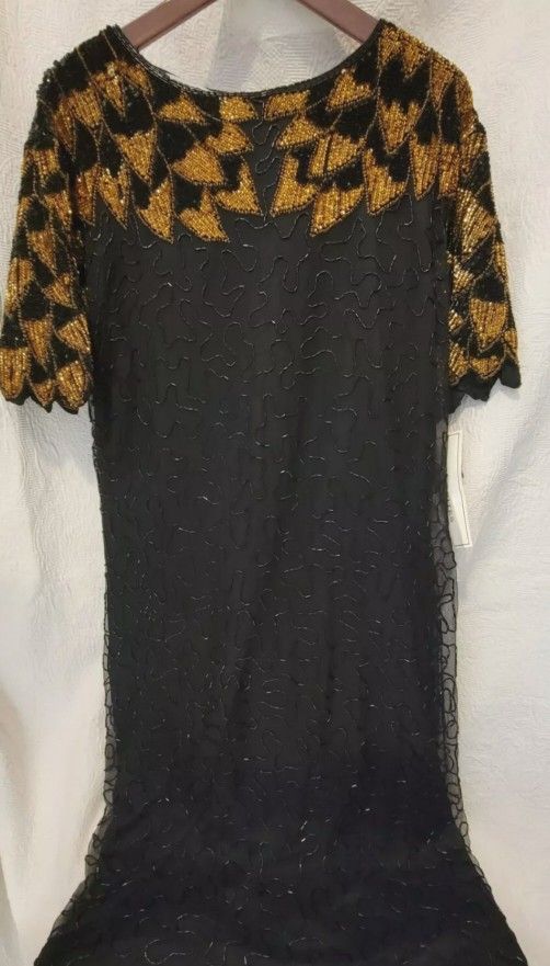 Silky Nites By Cherish Womens Size QS Cocktail Party Dress Beaded 100% Nat Silk