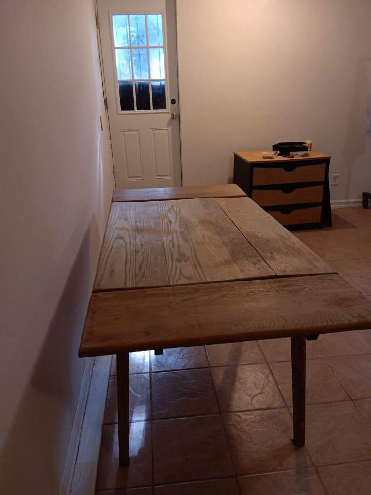 Antique Wood Table, With 2 Side Leafs