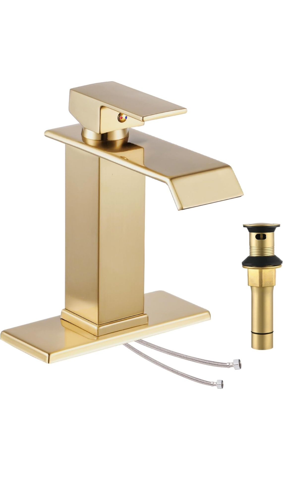 KUZOR Gold Waterfall Bathroom Sink Faucet, Brushed Gold Finish, Single Handle, 1 or 3 Hole Installation, Metal Pop Up Drain, 23.6-inch Hoses, 3/8 Inch