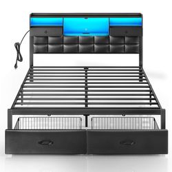 Rolanstar Bed Frame King Size with Drawers and Charging Station, Upholstered Platform Bed with Storage Headboard and LED Light, Heavy Duty Metal Frame