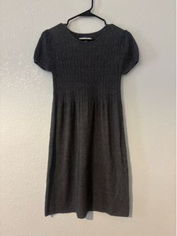 Charcoal Gray Knit Cable Stitched Dress - Short Puff Sleeve Mini Dress