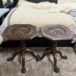 Carved Wood Hexagon End Table