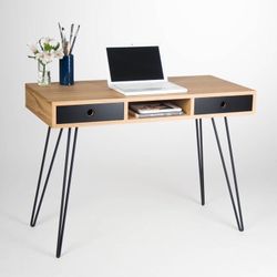 Home office desk, industrial small table, bureau, with black drawers, mid century modern, oak wood, steel / metal hairpin legs