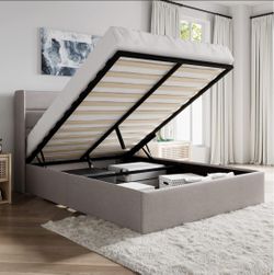 Queen Size Lift Up Hydraulic Storage Bed Frame Light Beige