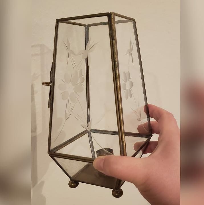 Etched Glass and Brass Candle Holder. This is so dainty and beautiful. I have never seen a candle holder in this style. 