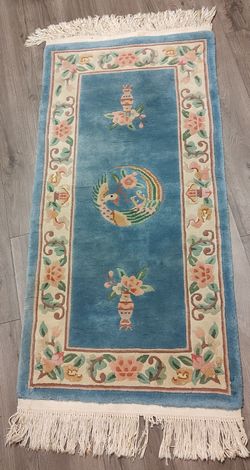 Vintage Aubusson-Style Carved Chinese Rug - Hand-Knotted Elegance in Blue & Beige, 26" x 58