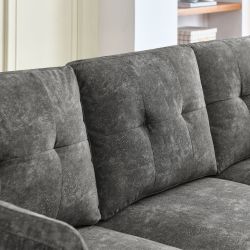 Premium Dark Grey Velvet Sectional: 3-Seaters, Double-Sided Storage Footstool, Non-Slip Legs & Accompanying Two Pillows