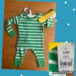 18 M NEW NWT unisex boys girls pajamas Christmas green stripes retail price $12 New new with tags